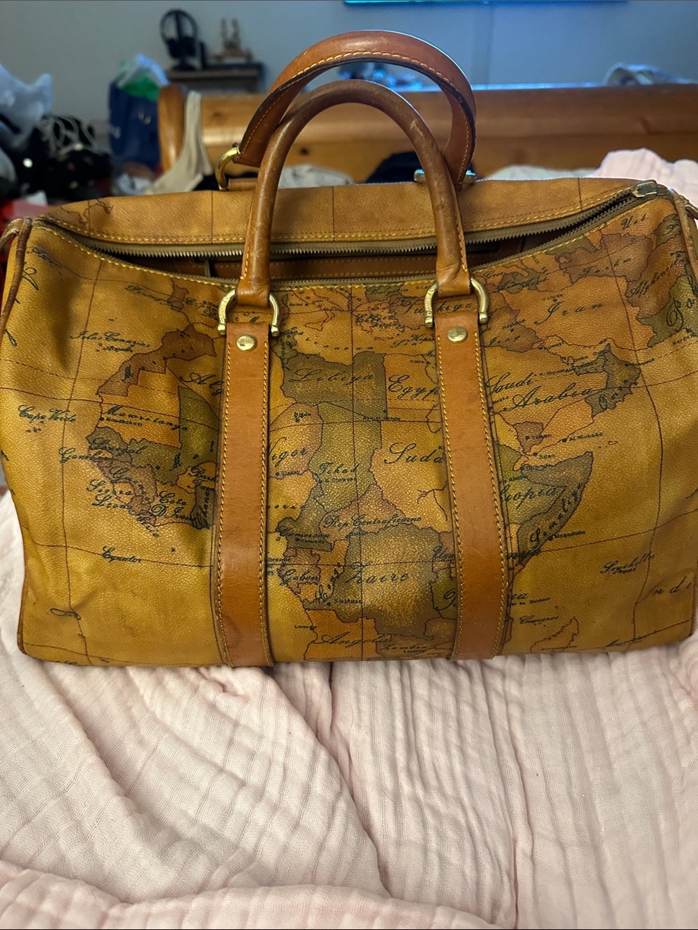 Alviero Martini Vintage 1a Classe Geo Map Print Leather Boston Bag Italy